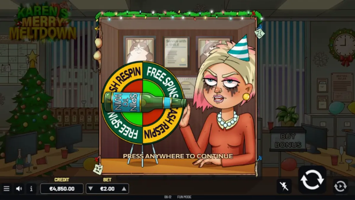 Tela de jogo do slot Karen’s Merry Meltdown com tema de festa de escritório caótica