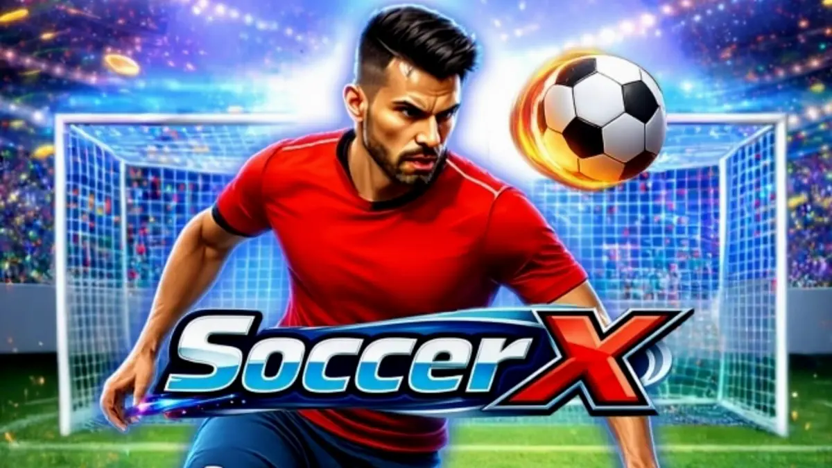 Interface mobile do jogo SoccerX mostrando o campo de futebol e o multiplicador.