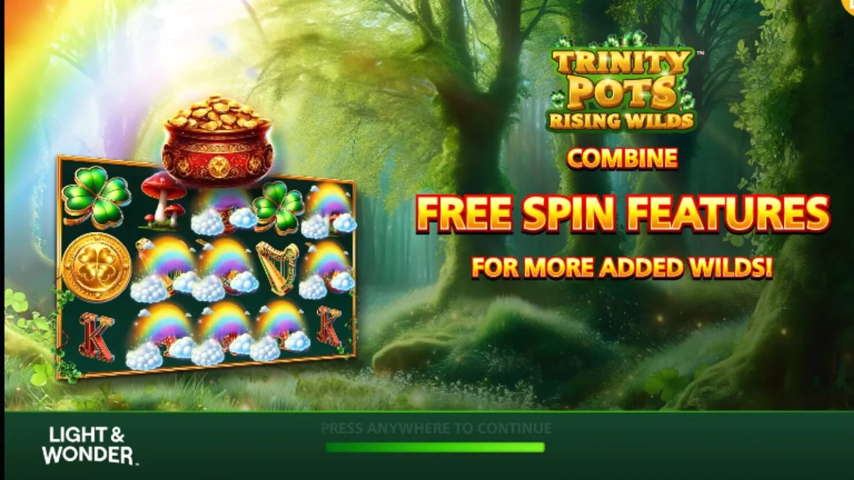 O slot Trinity Pots Rising Wilds apresenta uma temática vibrante de sorte irlandesa com potes de ouro e trevos.