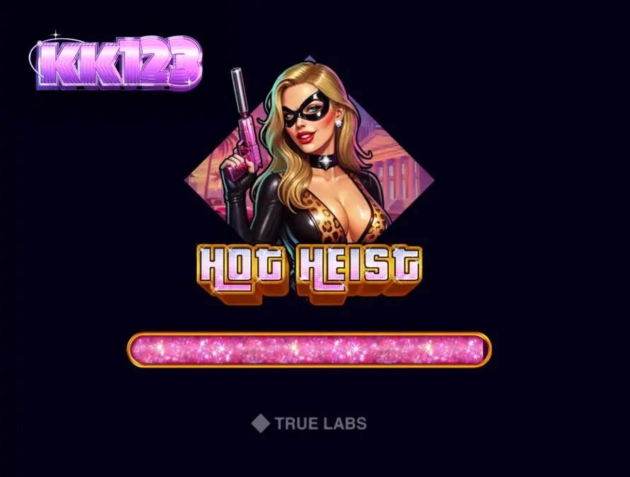 Captura de tela do jogo Hot Heist, mostrando os rolos neon-iluminados com símbolos de ferramentas de assalto e a personagem feminina mascarada.